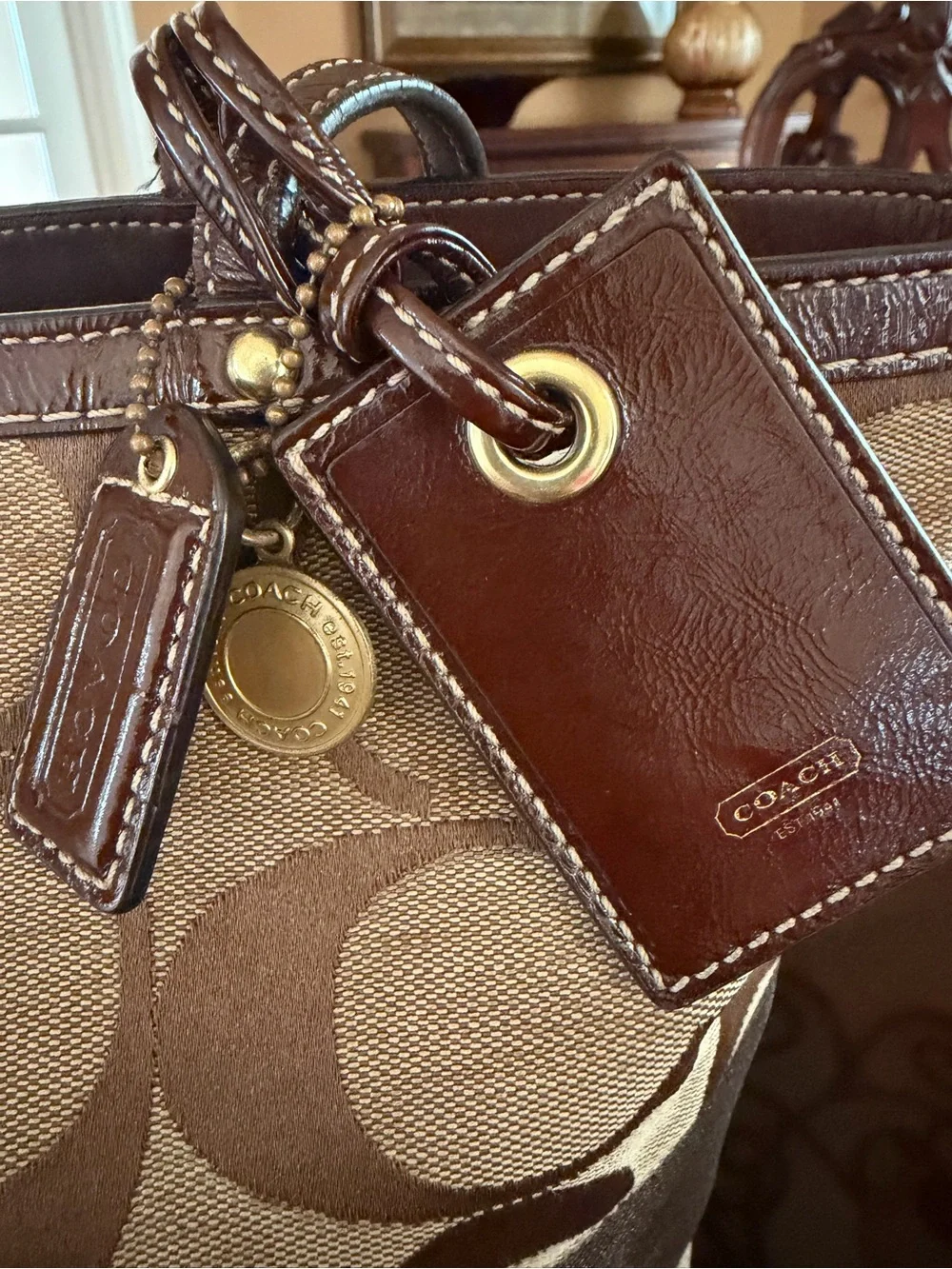 Coach Signature Canvas Tote in Khaki and Dark Brown Trim
